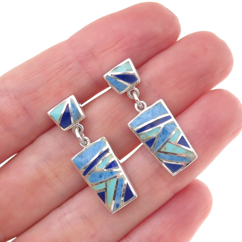 Chapal Zenray 925 Sterling Silver Vintage Real Denim Lapis & Turquoise Earrings